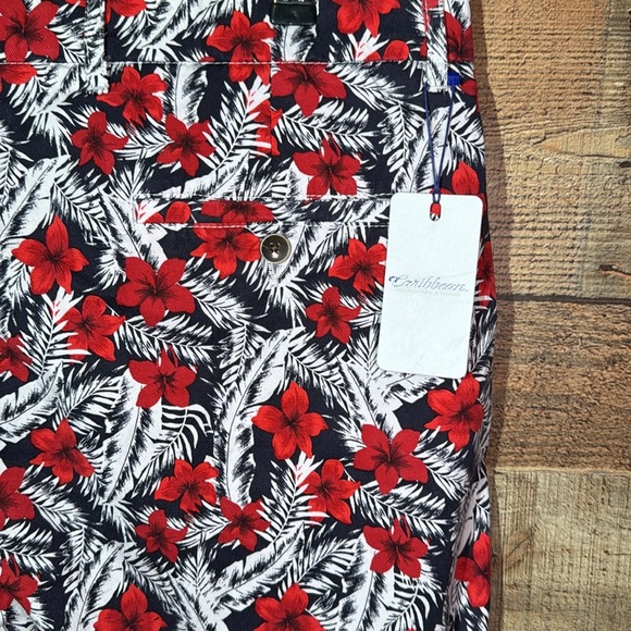 Caribbean Men’s Tropical Print Blue Red Flat Front Chino Shorts size 38 - NWT - Picture 6 of 9
